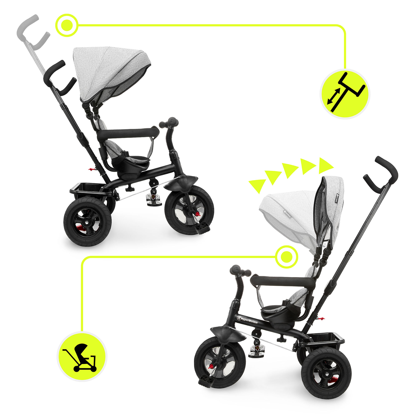 Tricikel za otroke od 1 do 4 let - TOBI FREY - siva barva - vrtljiv - kolesa s črpalko + tlačilka