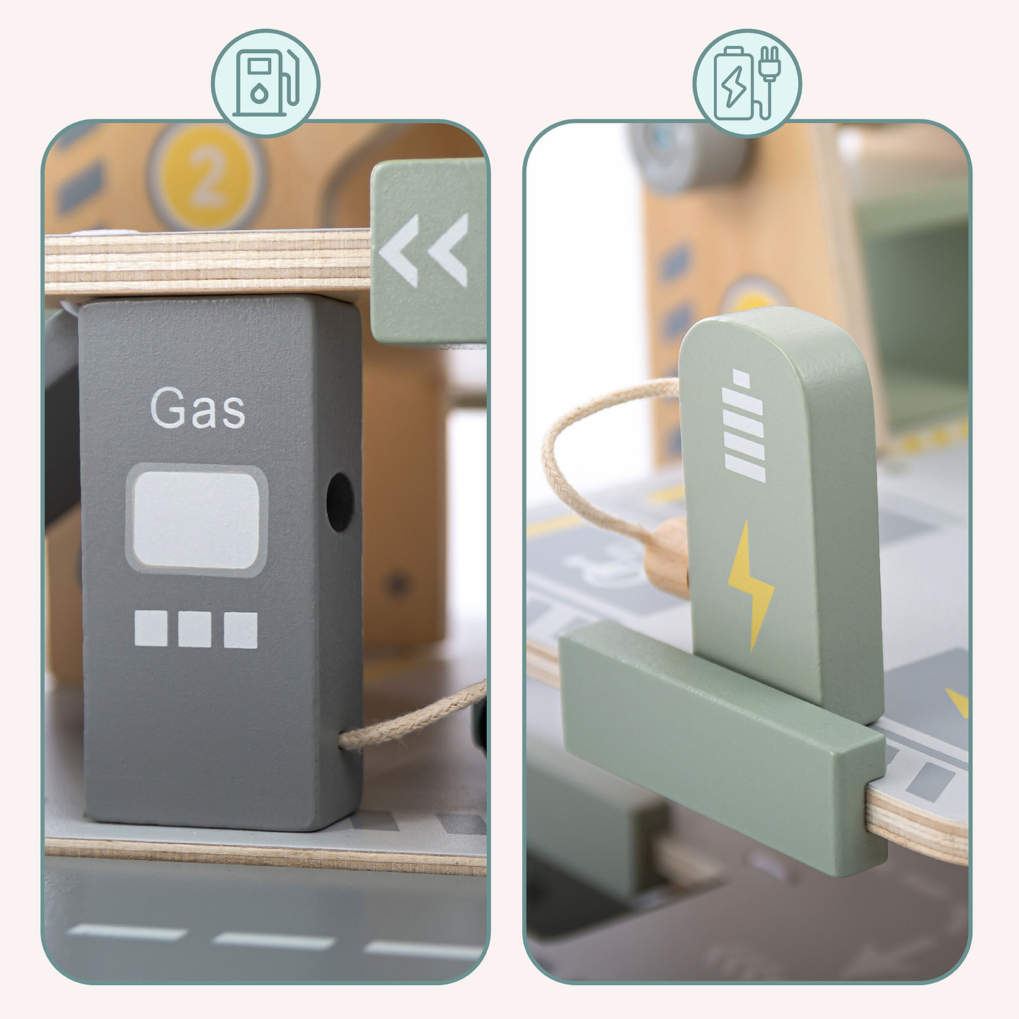 Lesena, trinadstropna garaža za otroke z dodatki – parkirišče, bencinska črpalka, avtopralnica, helikopter