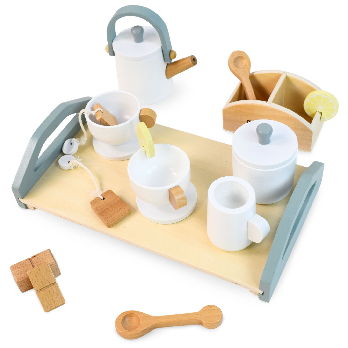 Velik lesen čajni set s pladnjem - 17 kosov