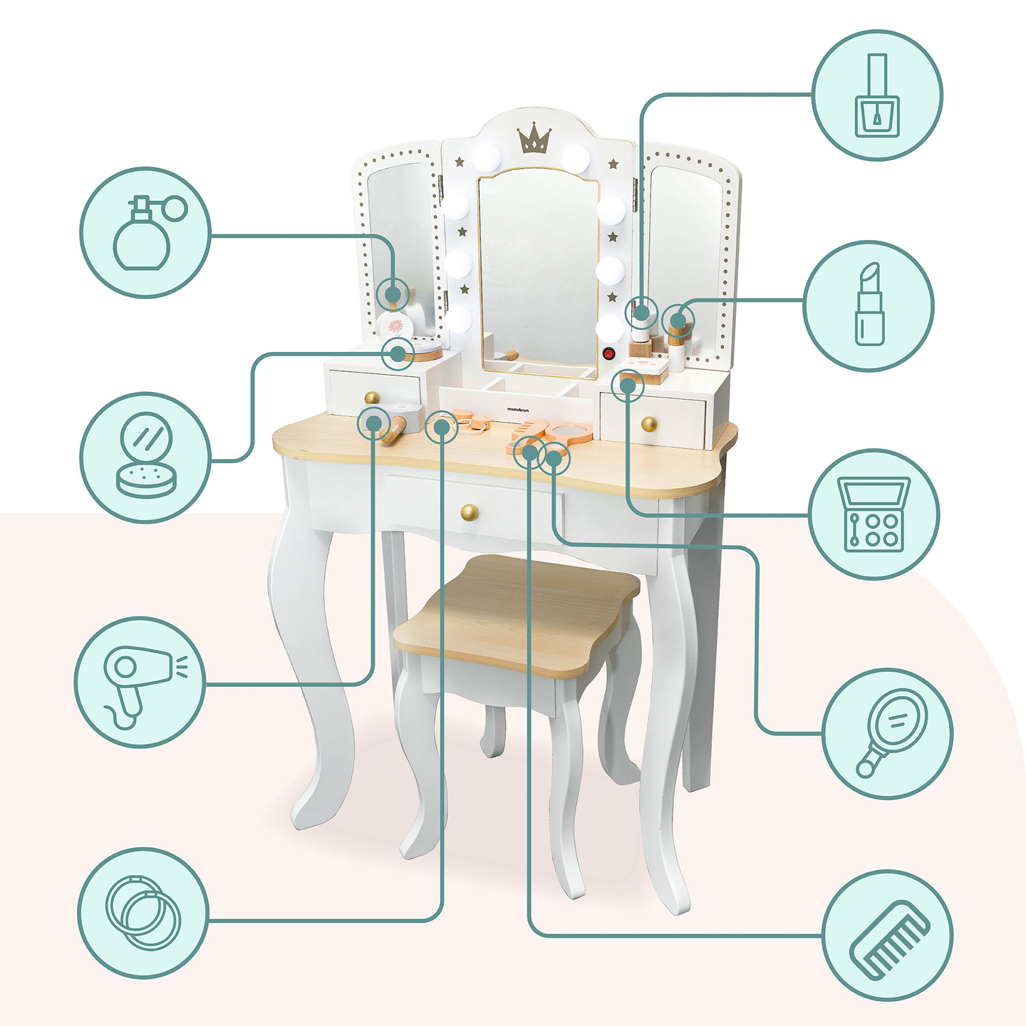 XXL lesena toaletna mizica s stolčkom in LED osvetlitvijo za otroke + dodatki