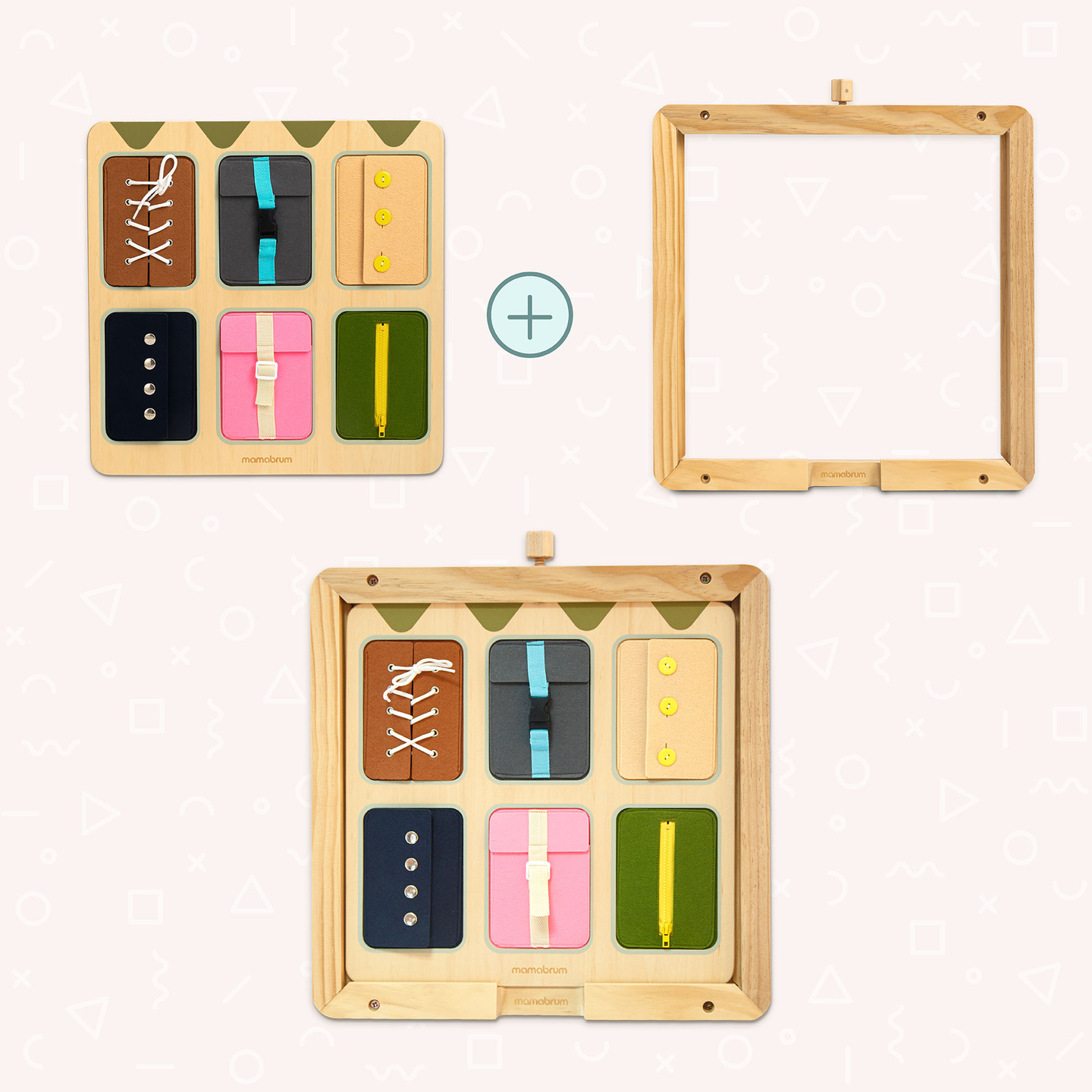 Lesena Montessori manipulativna tabla – senzorično učenje samostojnosti – vezalke, zaponke, gumbi, gumbi za zadrgo