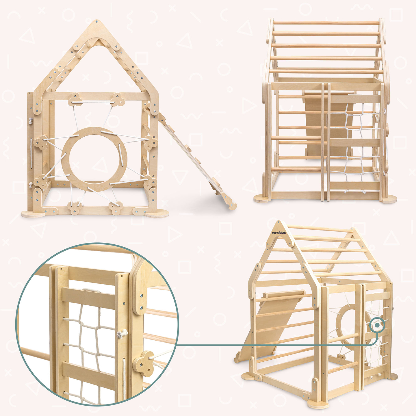 Leseno notranje igrišče za otroke - hišica z lestvami in toboganom