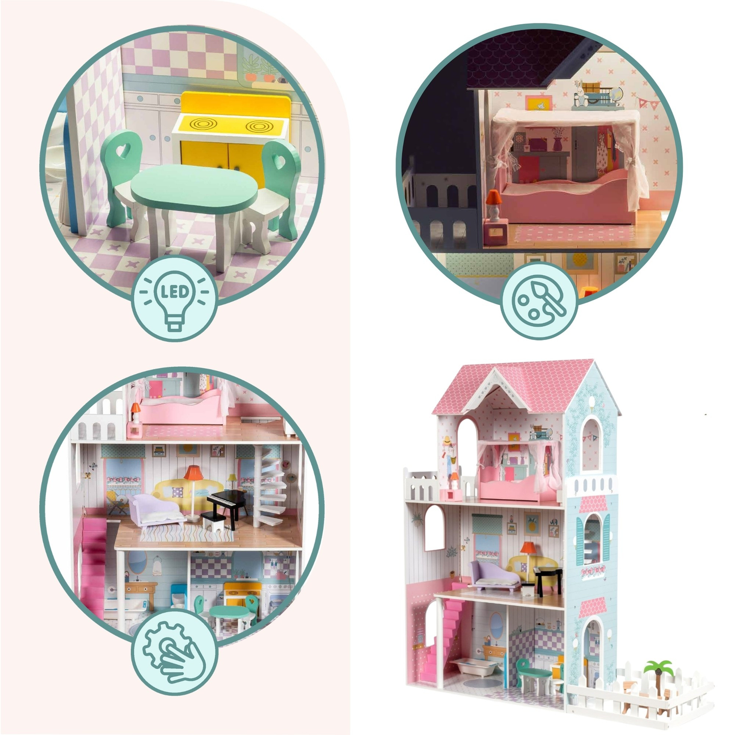 XXL Največja lesena hišica za lutke - 123 cm - LED osvetlitev - terasa, dodatki, vrt