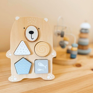 Komplet lesenih igrač - pisano prepletanje, piramida iz tjulnjev, sortirnik za medvedke