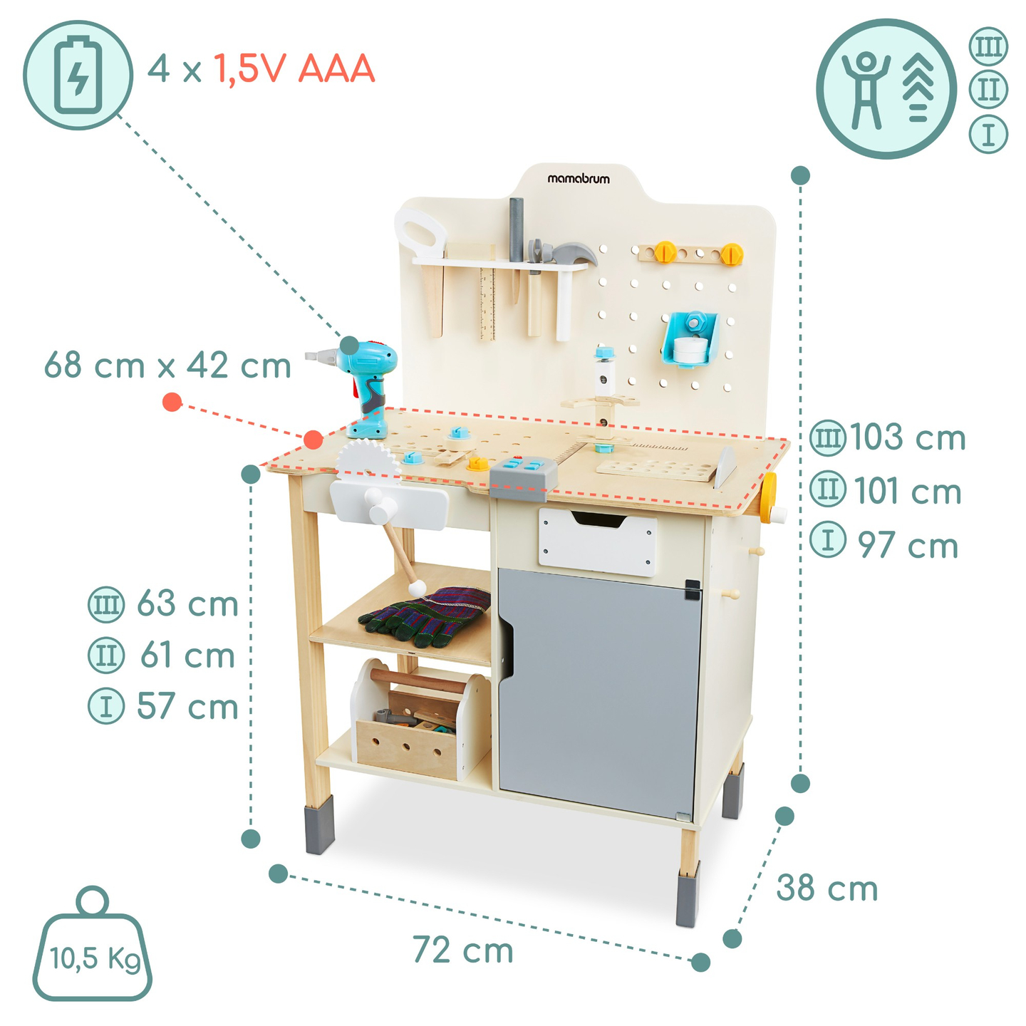 XXL Velika lesena delavnica z orodjem - set za domače mojstre, 74 elementov