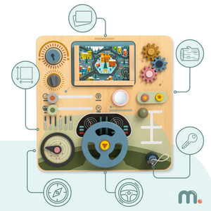 Lesena Montessori tabla 2 v 1 kokpit za malega voznika in pilota – volan, prestavna ročica, potovalni zemljevidi, radar