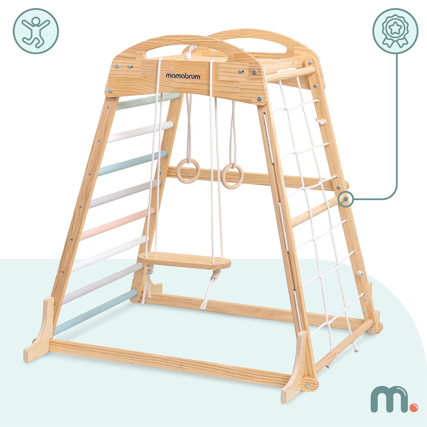 Leseno notranje igrišče z gugalnico, gimnastičnimi obroči in plezalno mrežo