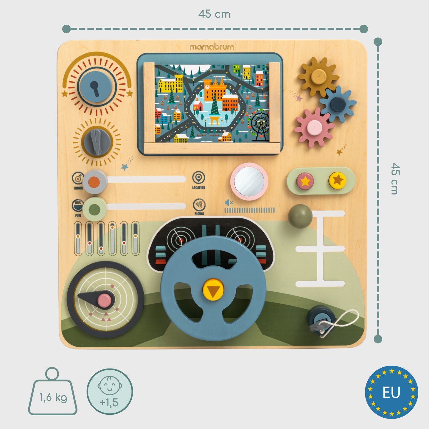 Lesena Montessori tabla 2 v 1 kokpit za malega voznika in pilota – volan, prestavna ročica, potovalni zemljevidi, radar