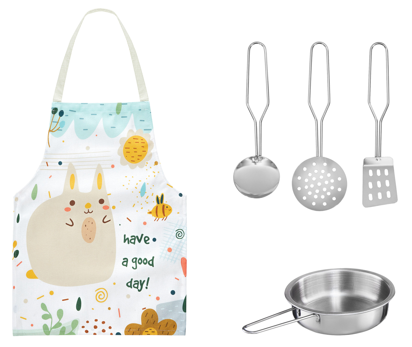 Bela lesena kuhinja s predpasnikom, dodatki in svetilko LED