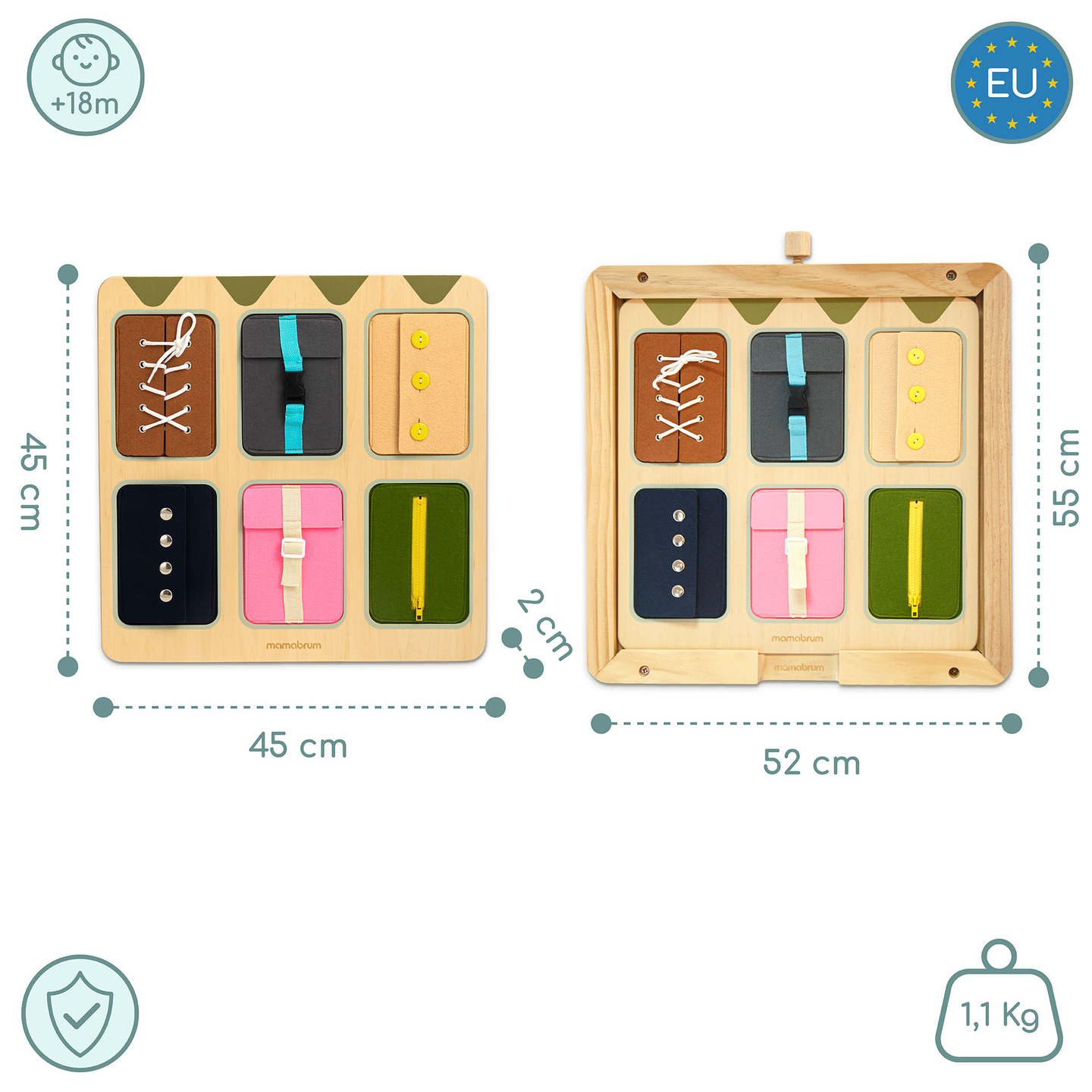 Lesena Montessori manipulativna tabla – senzorično učenje samostojnosti – vezalke, zaponke, gumbi, gumbi za zadrgo