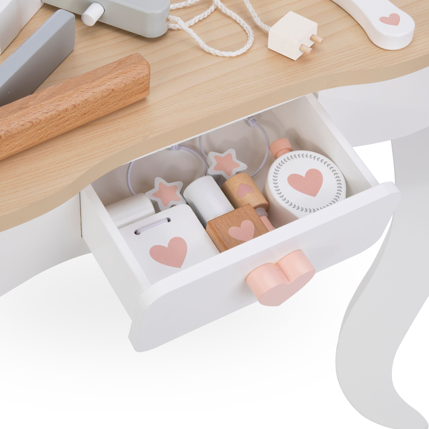 Lesena toaletna mizica s stolčkom in dodatki