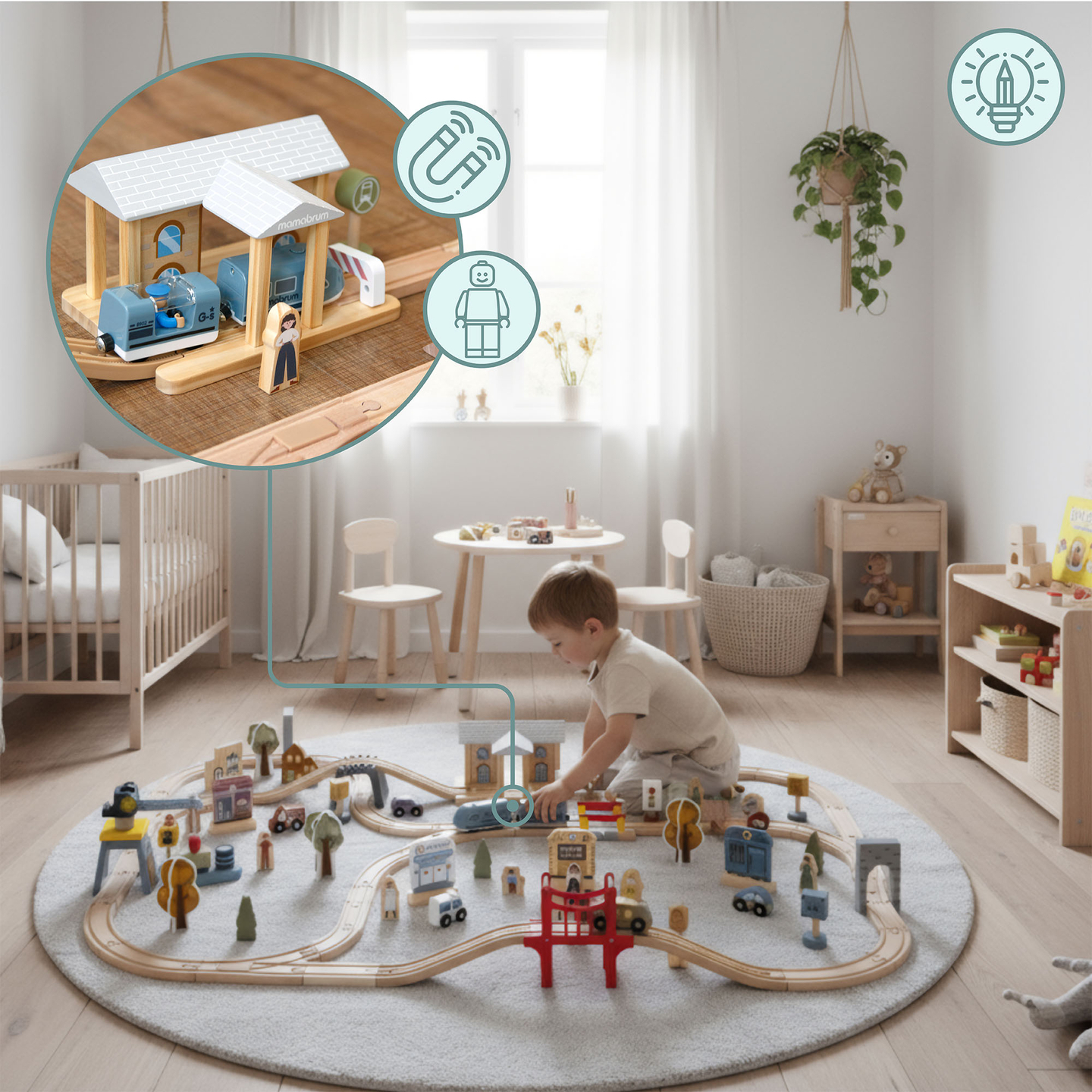 Lesena mestna železnica z električnim vlakom - premikajoči se žerjav, ladja, mostovi