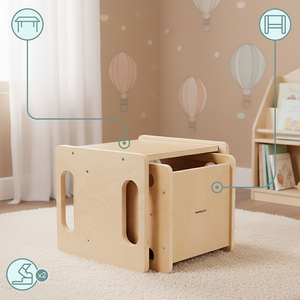 Lesena miza in stol s funkcijo stopnice – večnamenski Montessori komplet za otroke