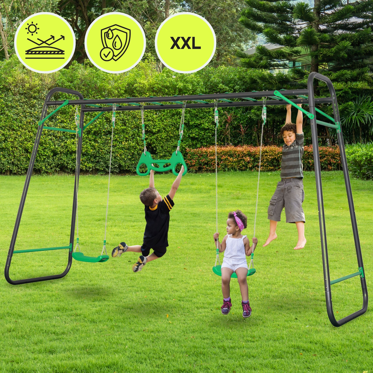 XXL jeklena vrtna gugalnica - 2 sedeža, lestev, gimnastični trapez