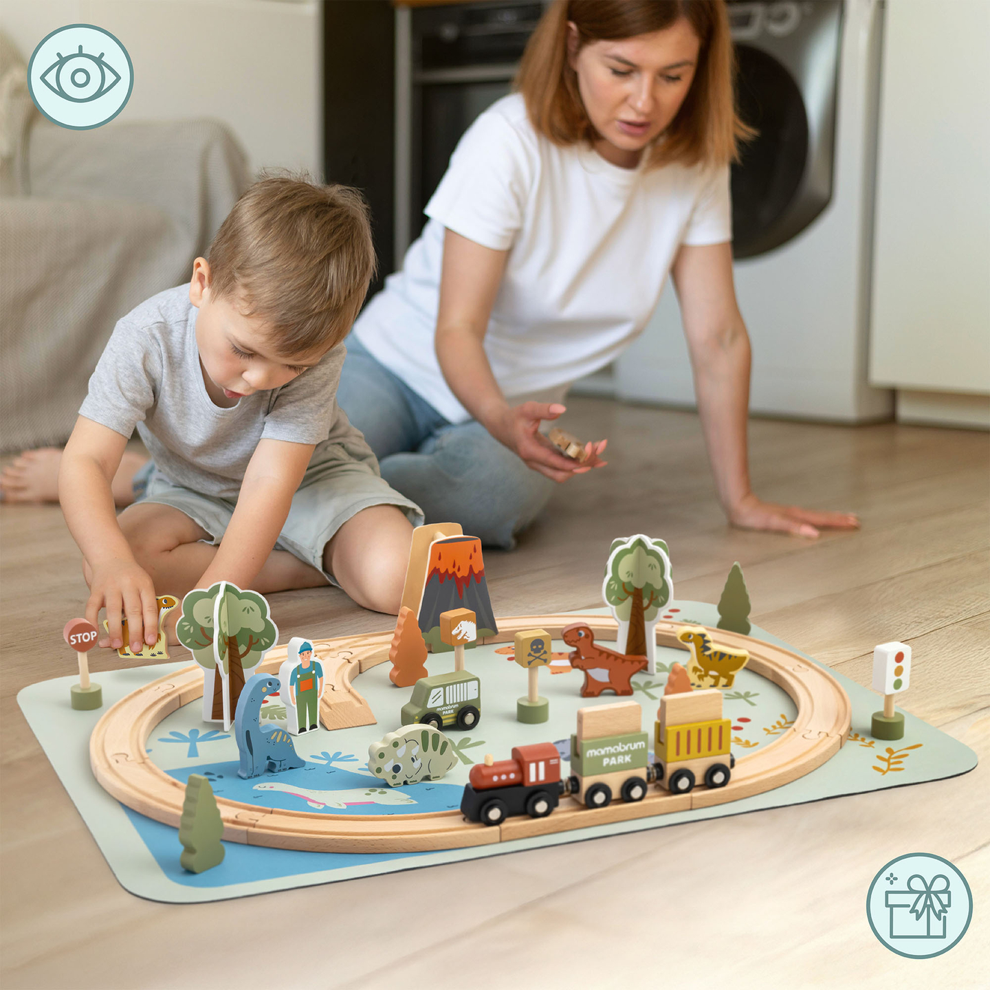 Lesen vlak Dino Park z nedrsečo podlogo - dinozavri, vlak, tiri, vulkan, zvonec