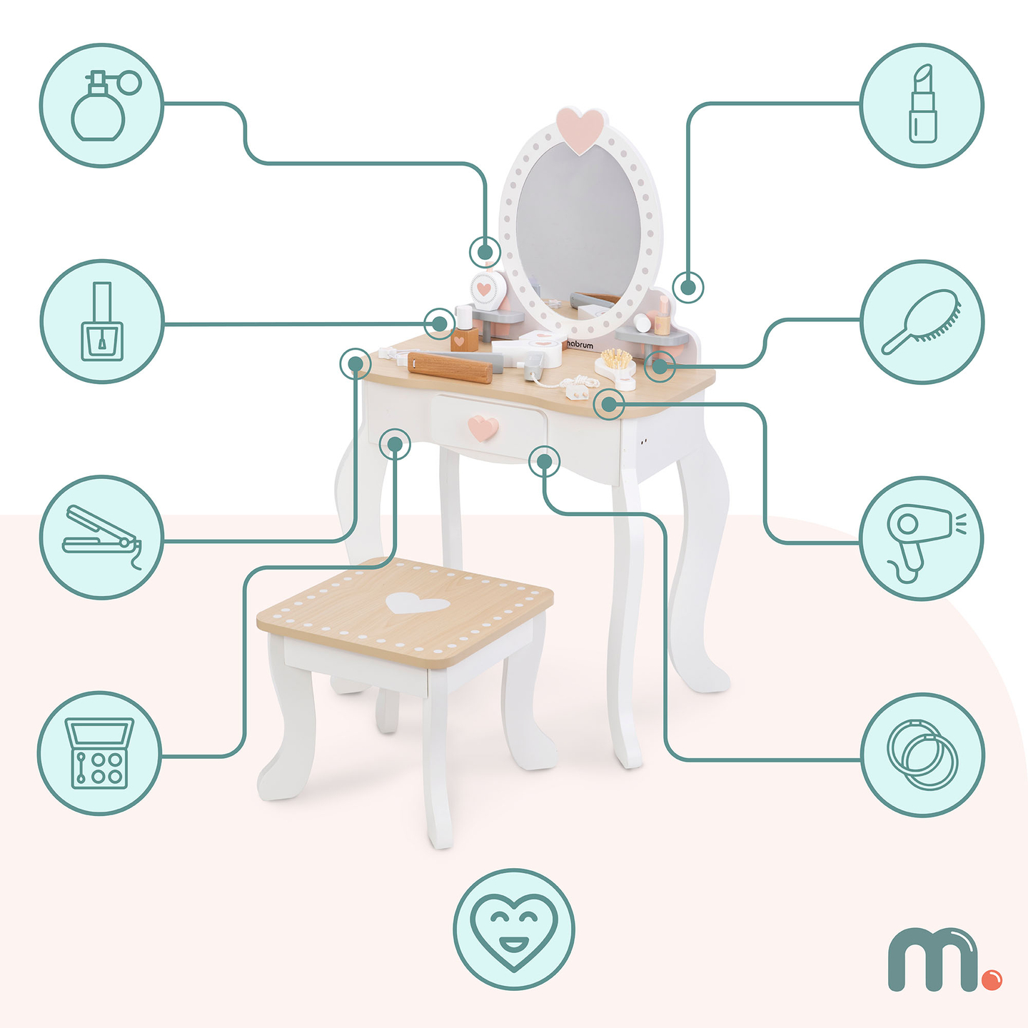 Lesena toaletna mizica s stolčkom in dodatki