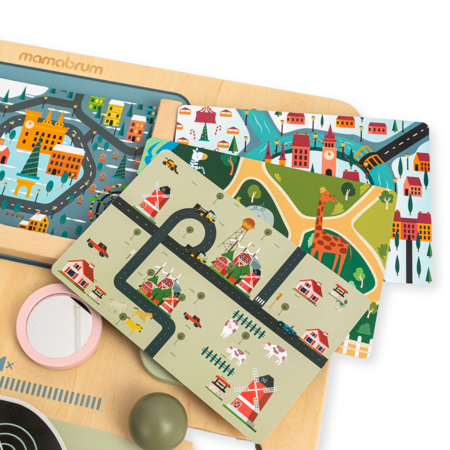 Lesena Montessori tabla 2 v 1 kokpit za malega voznika in pilota – volan, prestavna ročica, potovalni zemljevidi, radar