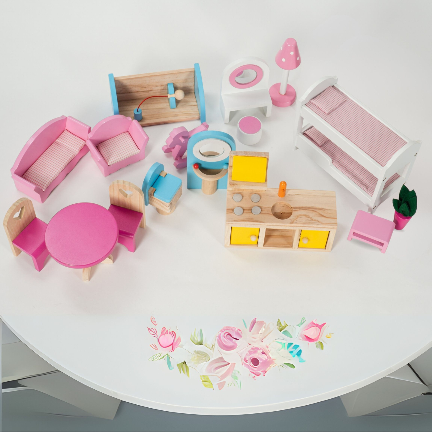 Velika lesena 3-nadstropna hiša za punčke s teraso, pohištvenim kompletom in LED osvetlitvijo!