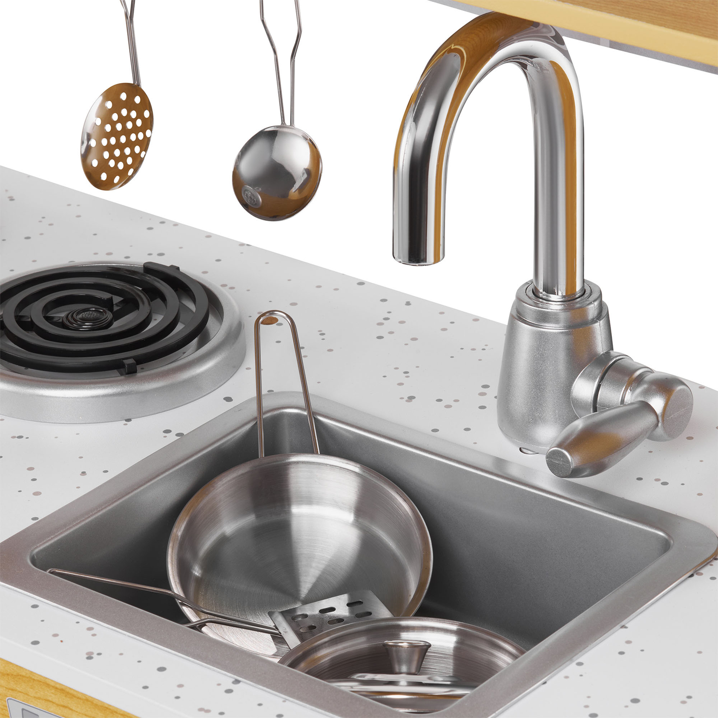 XXL lesena kuhinja z LED osvetlitvijo, predpasnikom in dodatki