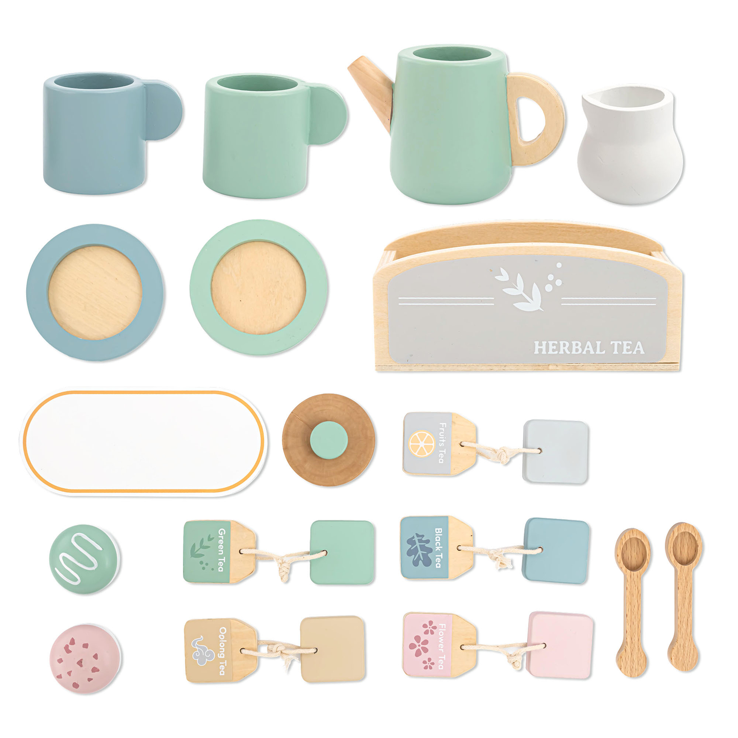 Velik lesen čajni set s pladnjem - 18 kosov