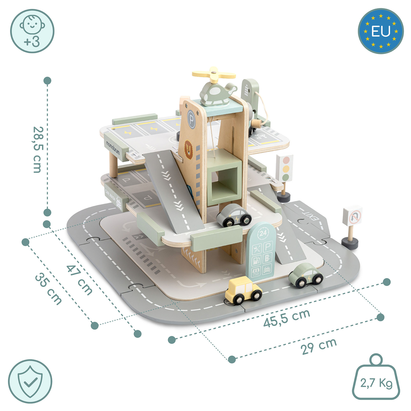 Lesena, trinadstropna garaža za otroke z dodatki – parkirišče, bencinska črpalka, avtopralnica, helikopter