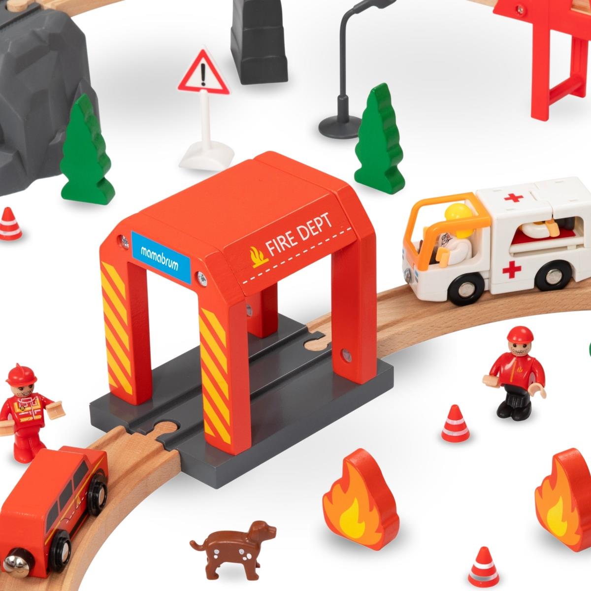 Leseni vlak, vlak na baterije - Gasilci, tiri, avtomobili, mostovi, pregrade