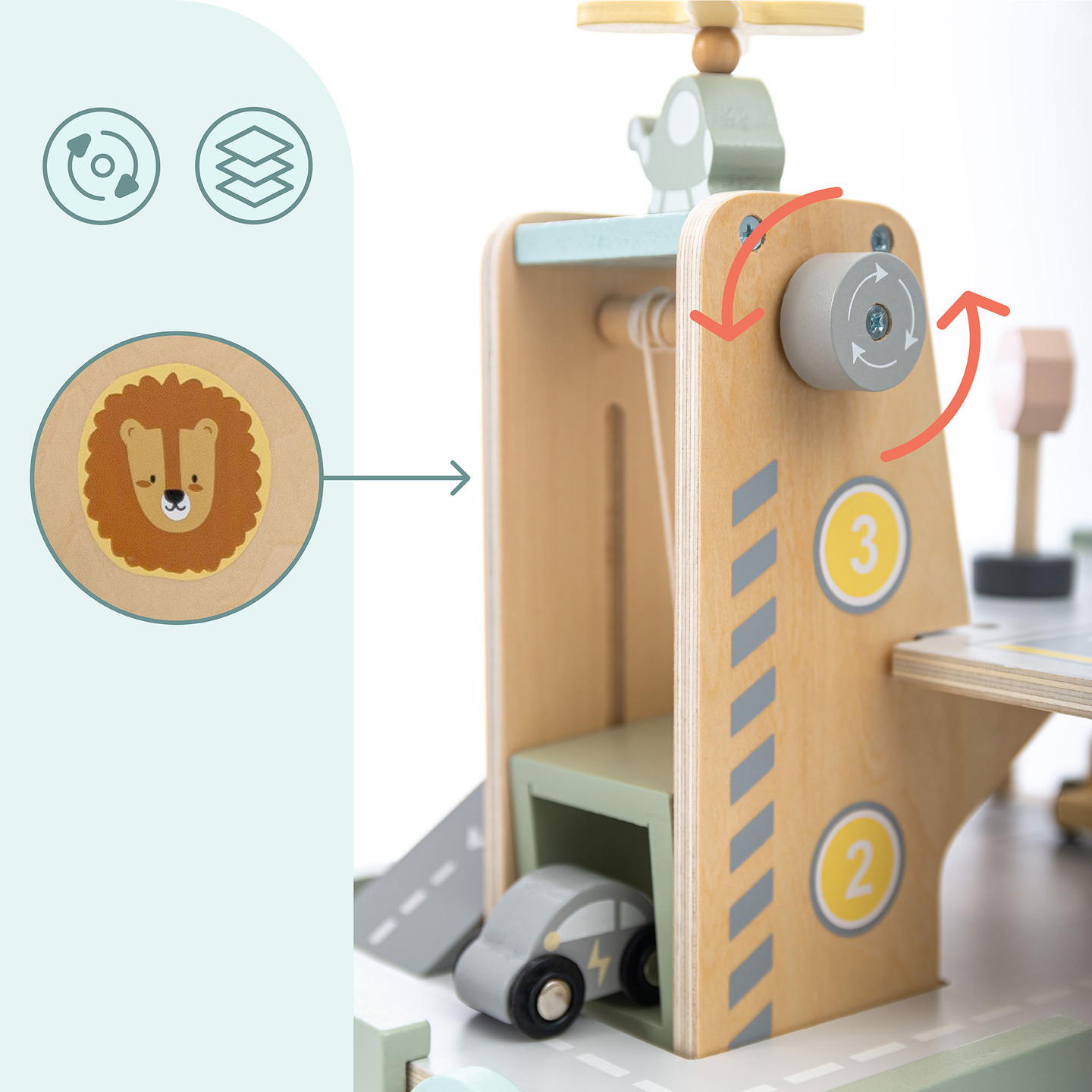 Lesena, trinadstropna garaža za otroke z dodatki – parkirišče, bencinska črpalka, avtopralnica, helikopter