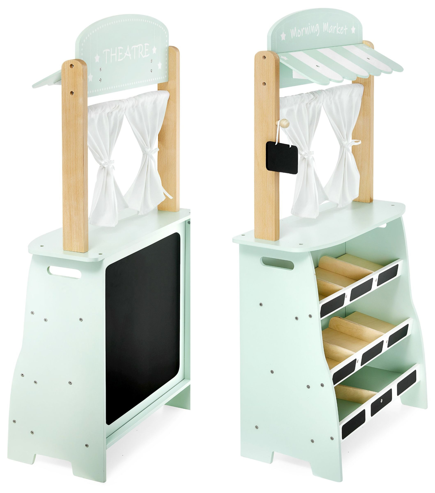 Velika lesena trgovina - stojnica in gledališče 2 v 1 s tehtnico, plačilnim terminalom, sadjem in zelenjavo