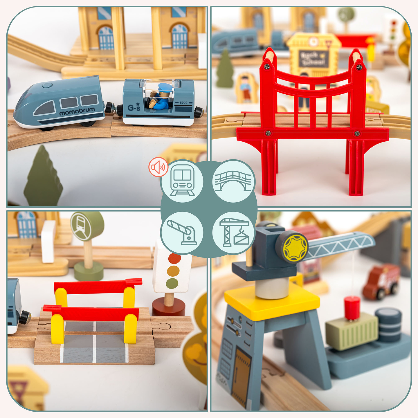 Lesena mestna železnica z električnim vlakom - premikajoči se žerjav, ladja, mostovi