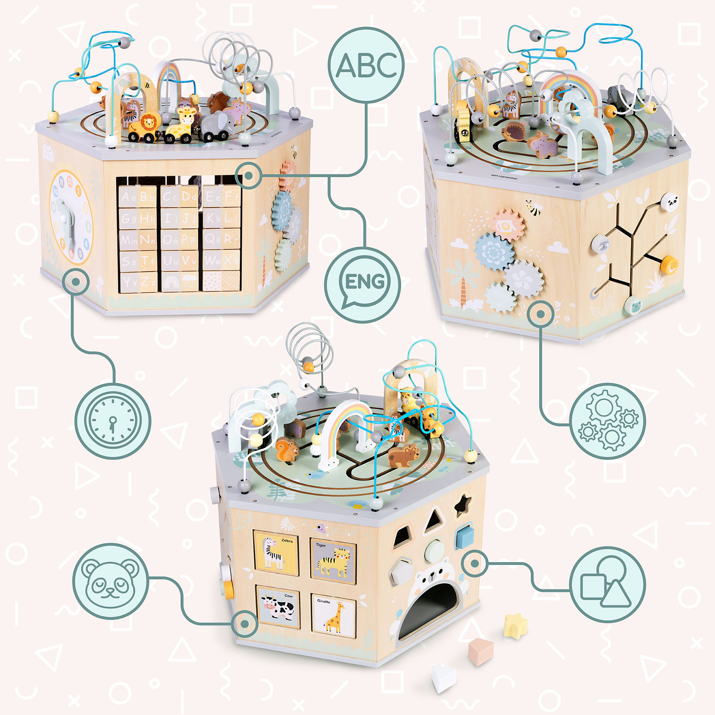 Velika lesena izobraževalna kocka - Montessori igrača z magnetnim vlakom in motornimi zankami