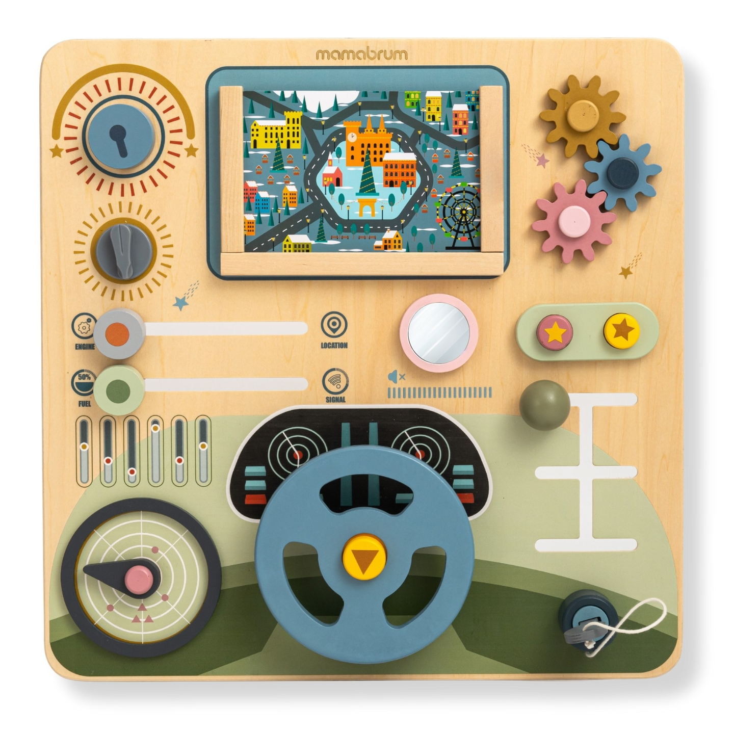 Lesena Montessori tabla 2 v 1 kokpit za malega voznika in pilota – volan, prestavna ročica, potovalni zemljevidi, radar