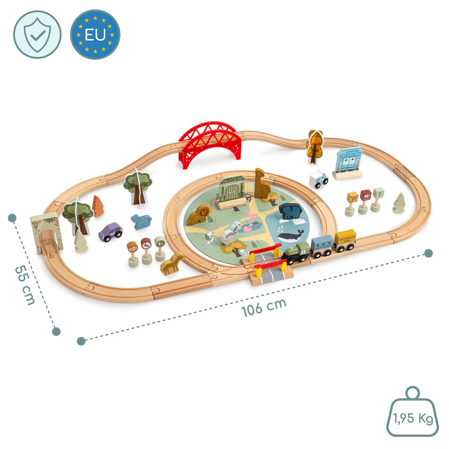 Lesen živalski vrt – sestavljanka, vlak, tiri, živali, most, pregrada