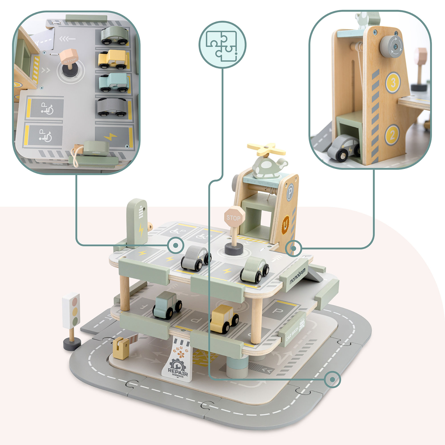 Lesena, trinadstropna garaža za otroke z dodatki – parkirišče, bencinska črpalka, avtopralnica, helikopter