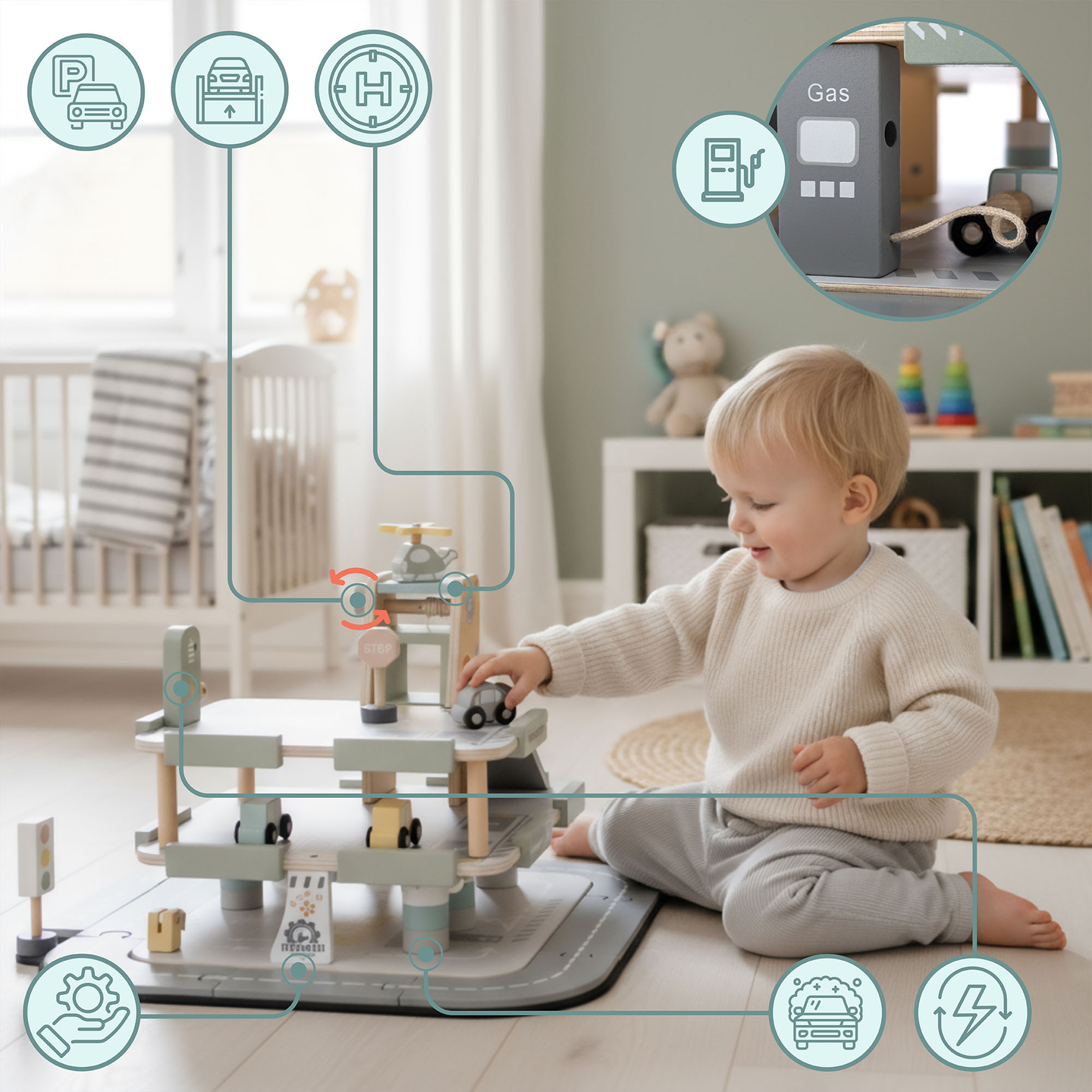 Lesena, trinadstropna garaža za otroke z dodatki – parkirišče, bencinska črpalka, avtopralnica, helikopter