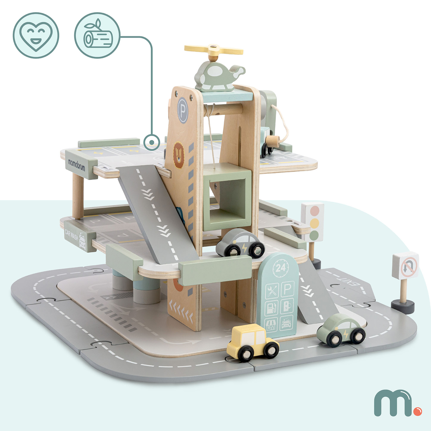 Lesena, trinadstropna garaža za otroke z dodatki – parkirišče, bencinska črpalka, avtopralnica, helikopter