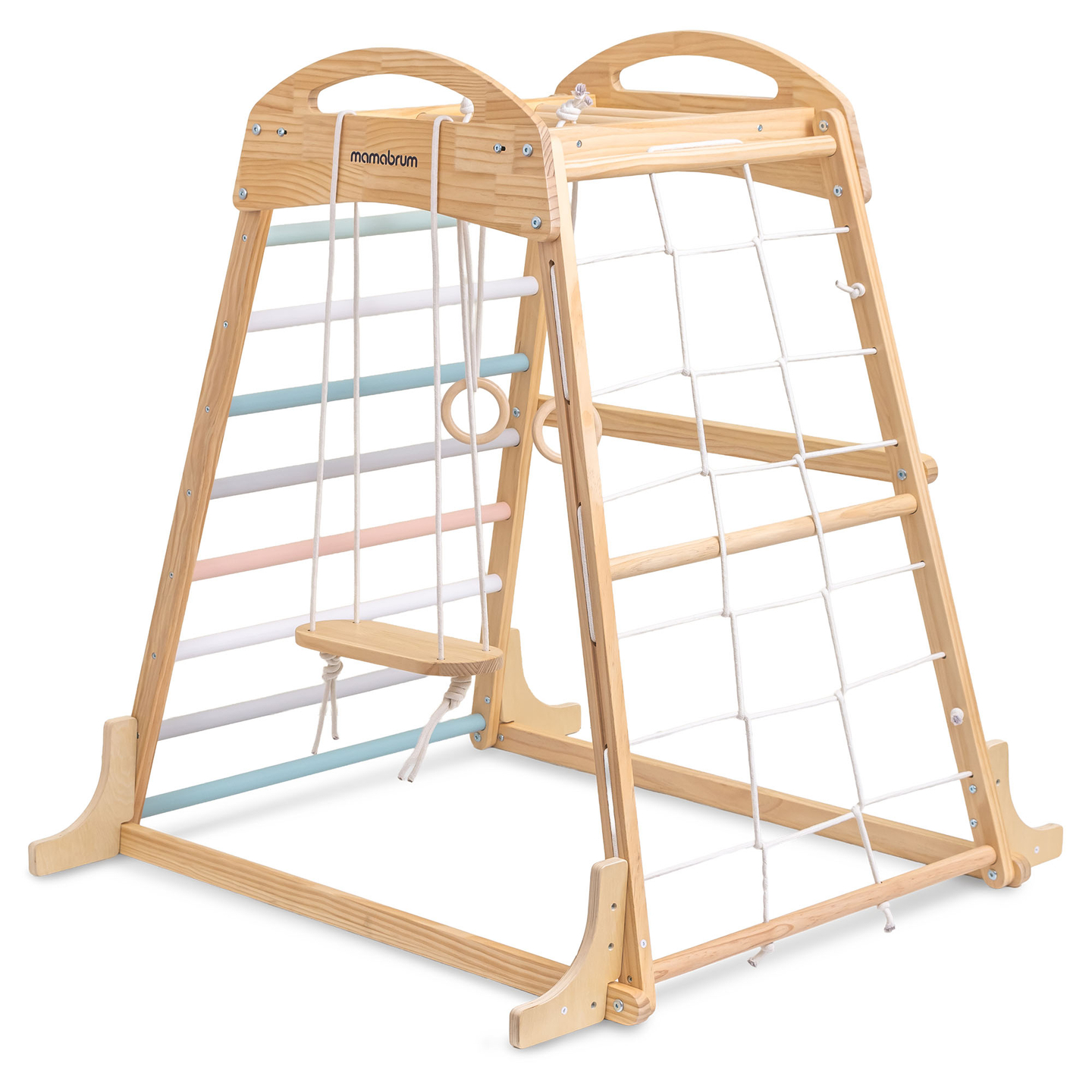 Leseno notranje igrišče z gugalnico, gimnastičnimi obroči in plezalno mrežo