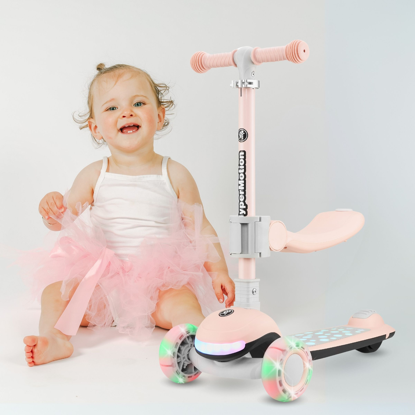 Otroški skuter HyperMotion LUMI 3 v 1 - osvetljena ploščad in kolesa LED, roza barva