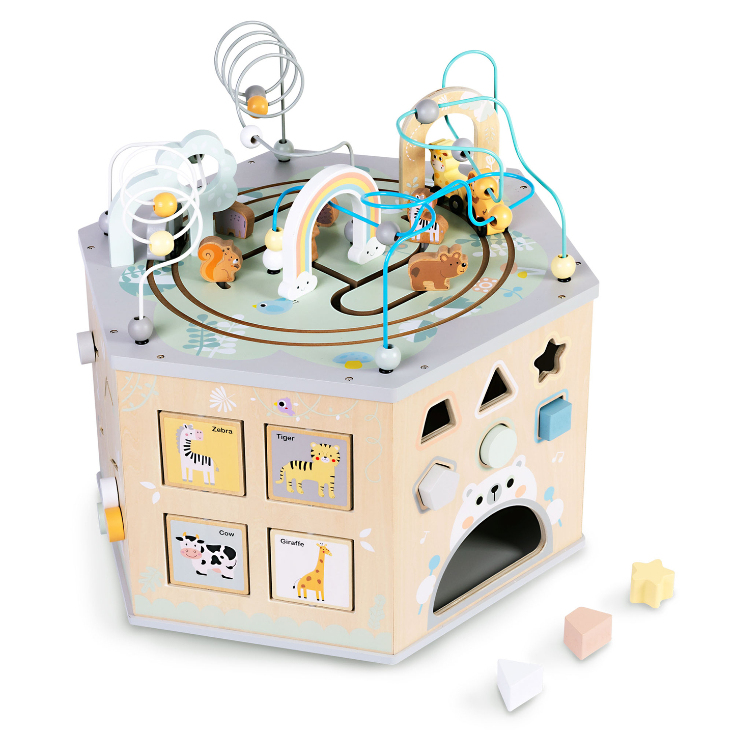 Velika lesena izobraževalna kocka - Montessori igrača z magnetnim vlakom in motornimi zankami