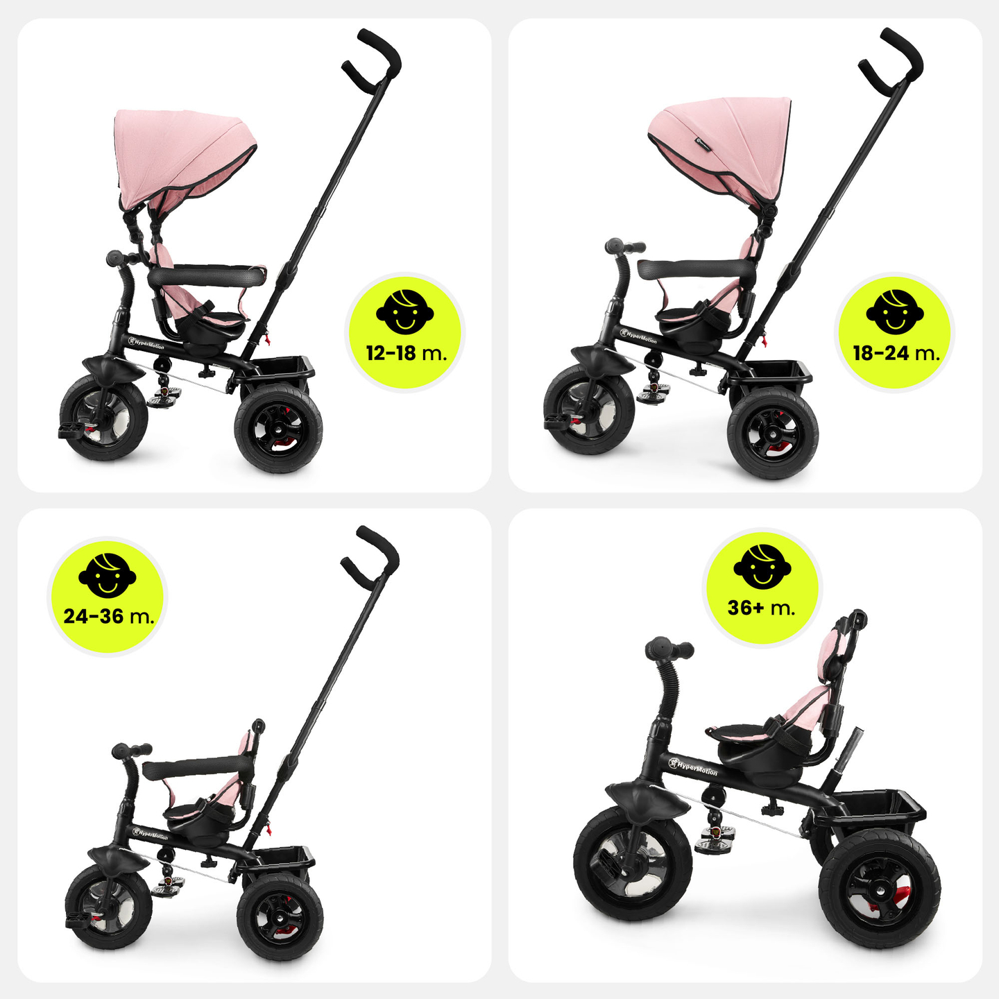 Tricikel za otroke od 1 do 4 let - TOBI FREY - roza barva - vrtljiv - kolesa s črpalko + tlačilka