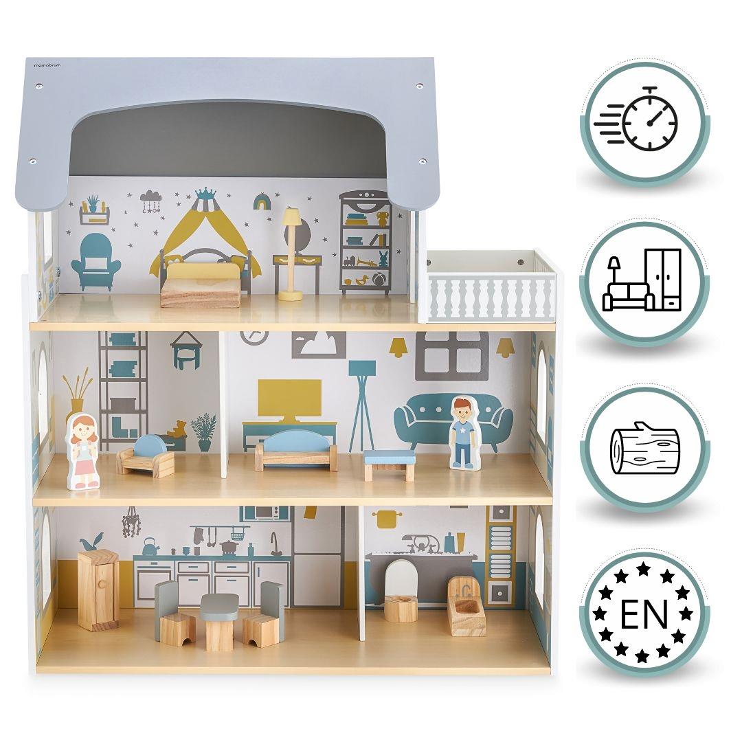 Bela lesena hišica za lutke s teraso in dodatki