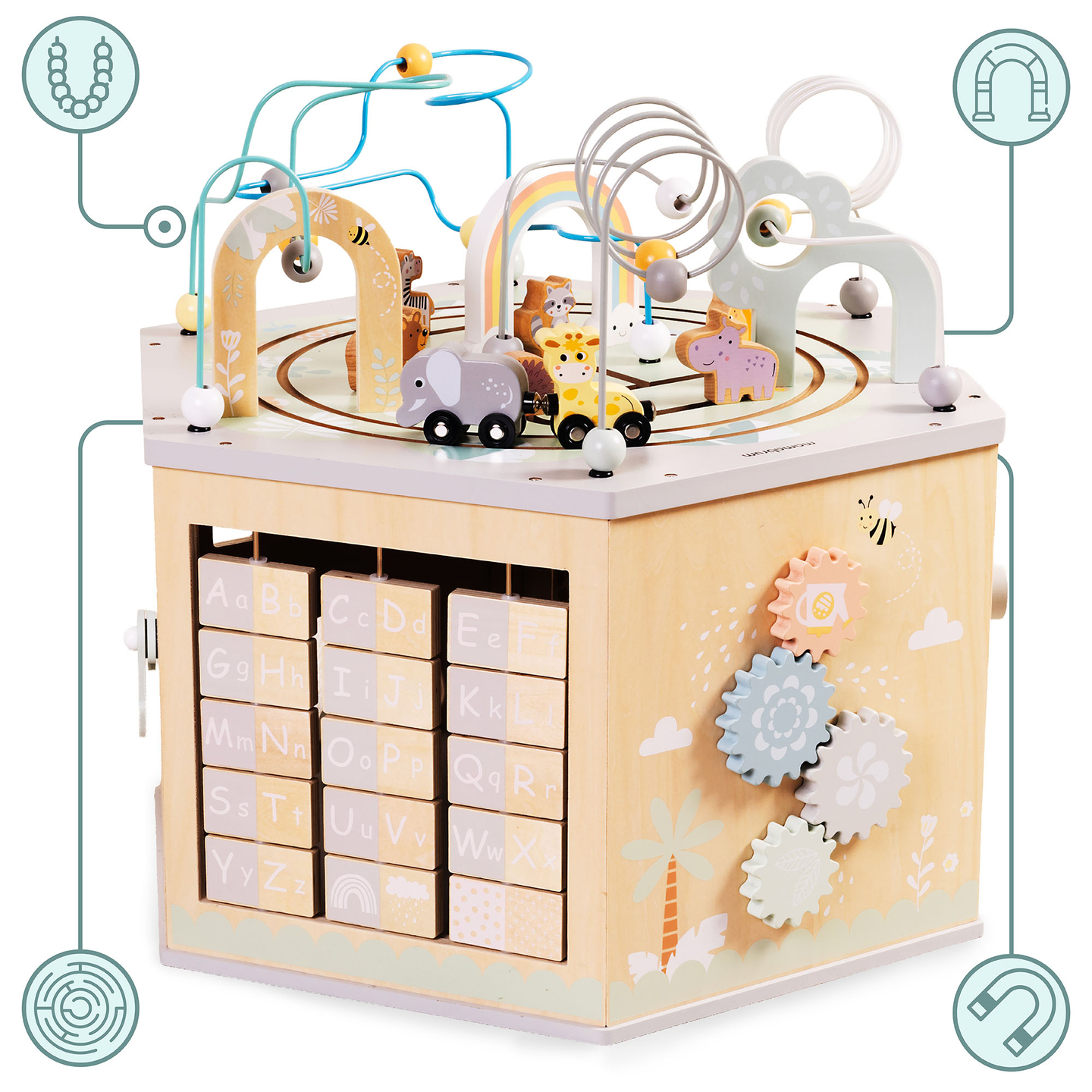 Velika lesena izobraževalna kocka - Montessori igrača z magnetnim vlakom in motornimi zankami