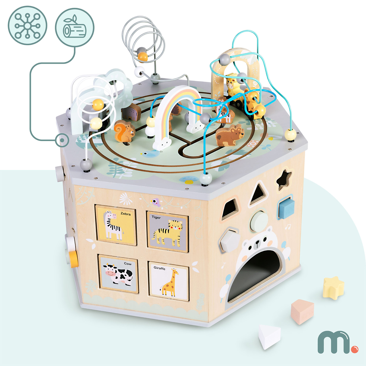 Velika lesena izobraževalna kocka - Montessori igrača z magnetnim vlakom in motornimi zankami