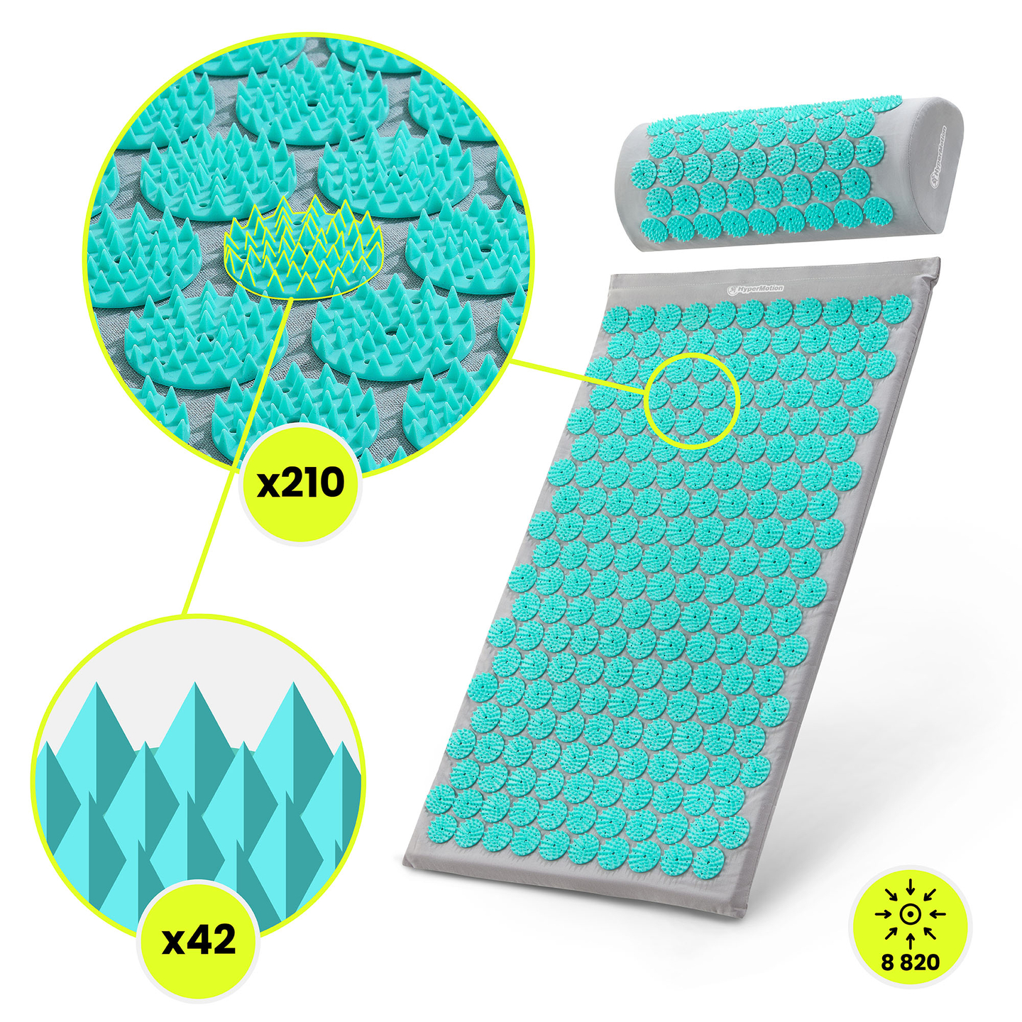 Akupresurna podloga z blazino in prevleko - 72 cm HyperMotion sivo-mint