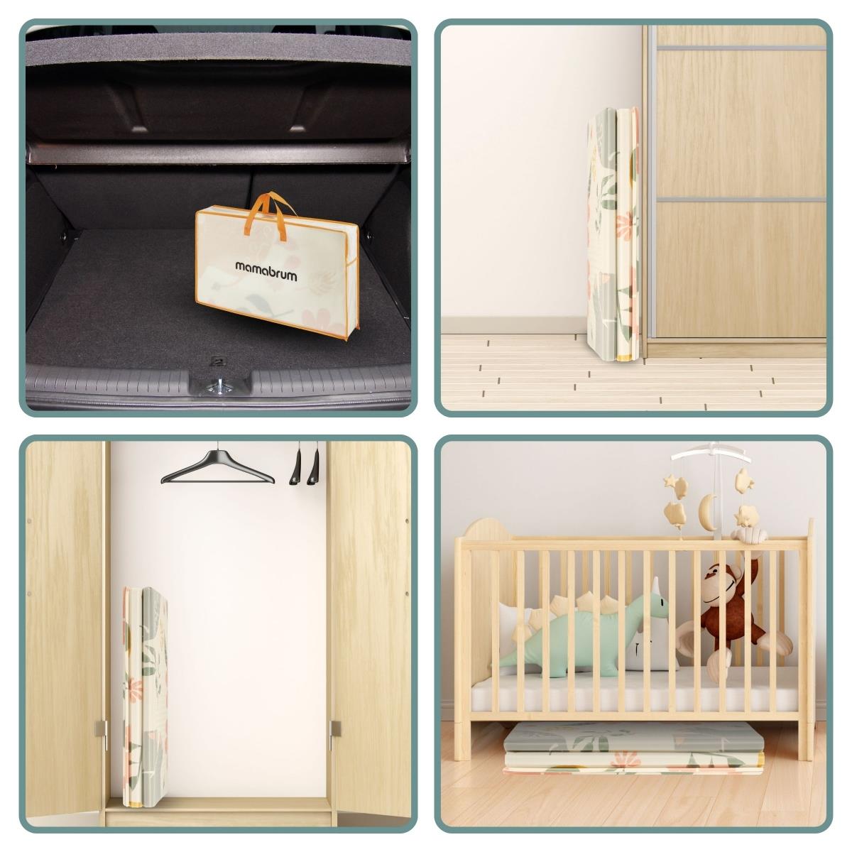 Dvostranska zložljiva podloga iz pene 180 x 120 x 1 cm - Eksotični sloni/nežno siva