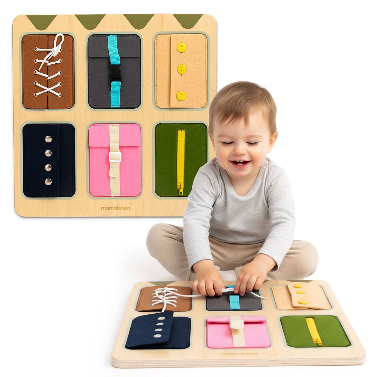 Lesena Montessori manipulativna tabla – senzorično učenje samostojnosti – vezalke, zaponke, gumbi, gumbi za zadrgo