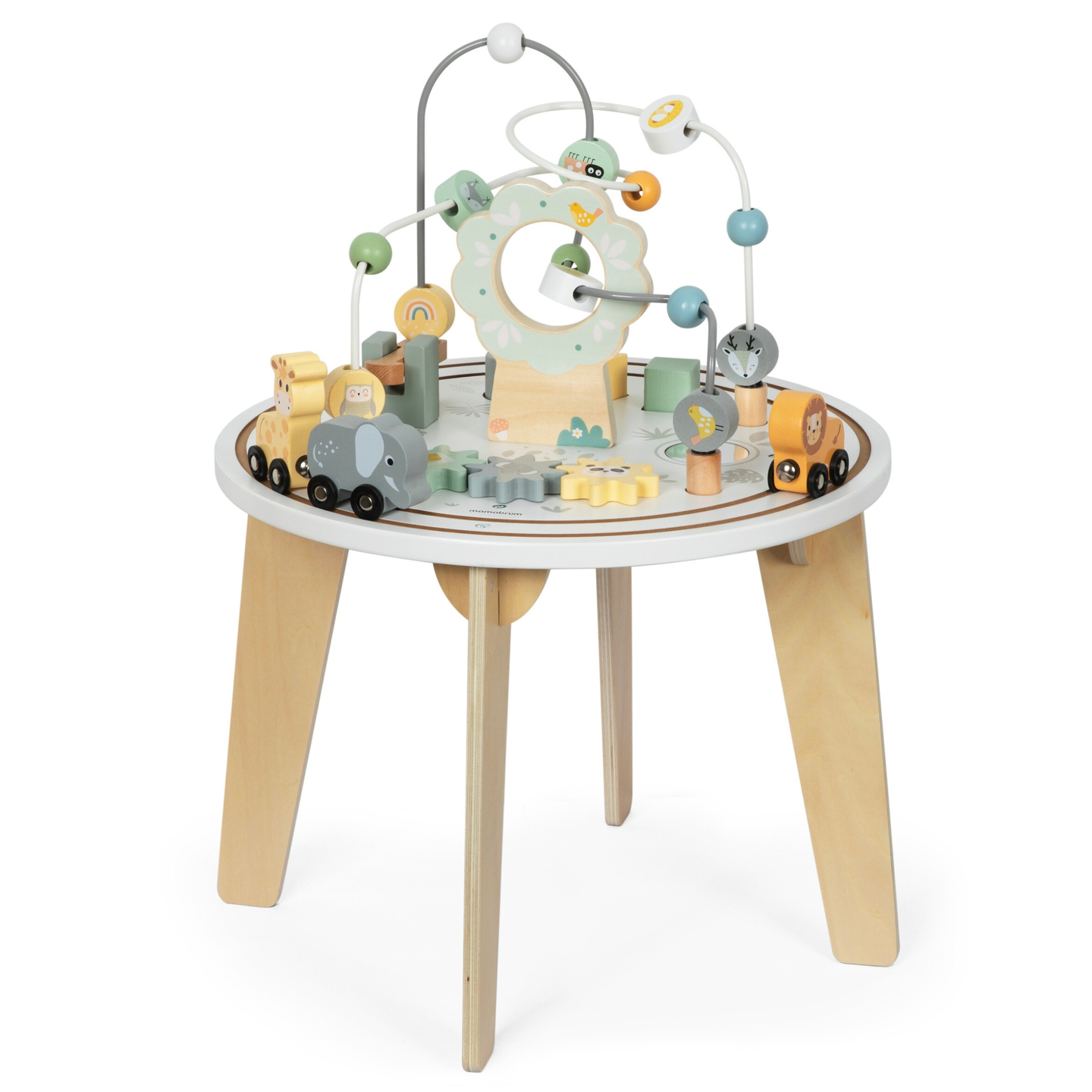 Lesena okrogla izobraževalna miza z magnetnim vlakcem in izstrelkom perlic