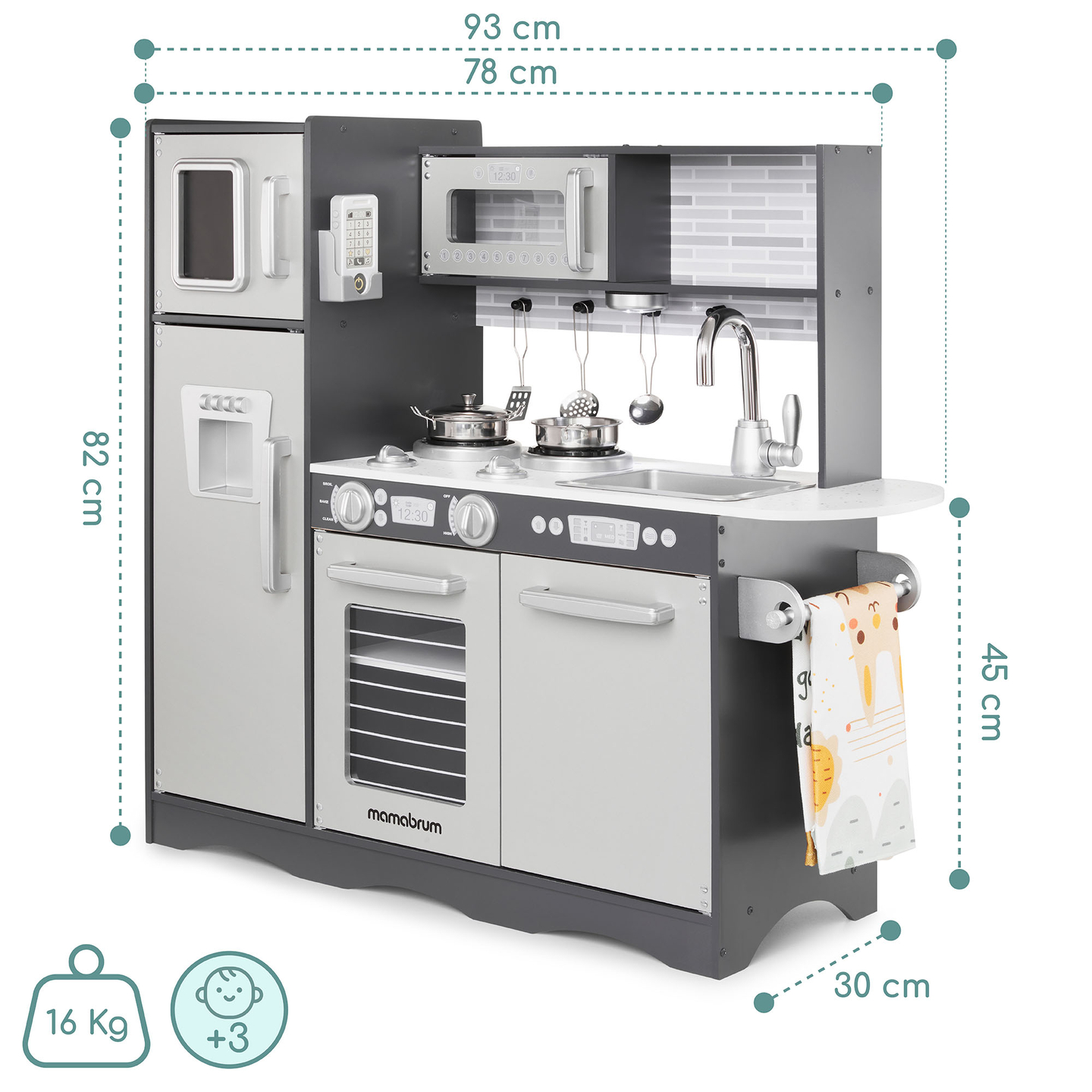 XXL lesena kuhinja z LED osvetlitvijo, predpasnikom in dodatki