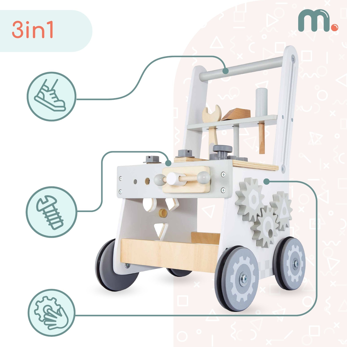 Lesena hodulja, tlačilka + delavnica 3 v 1 - 47 elementov