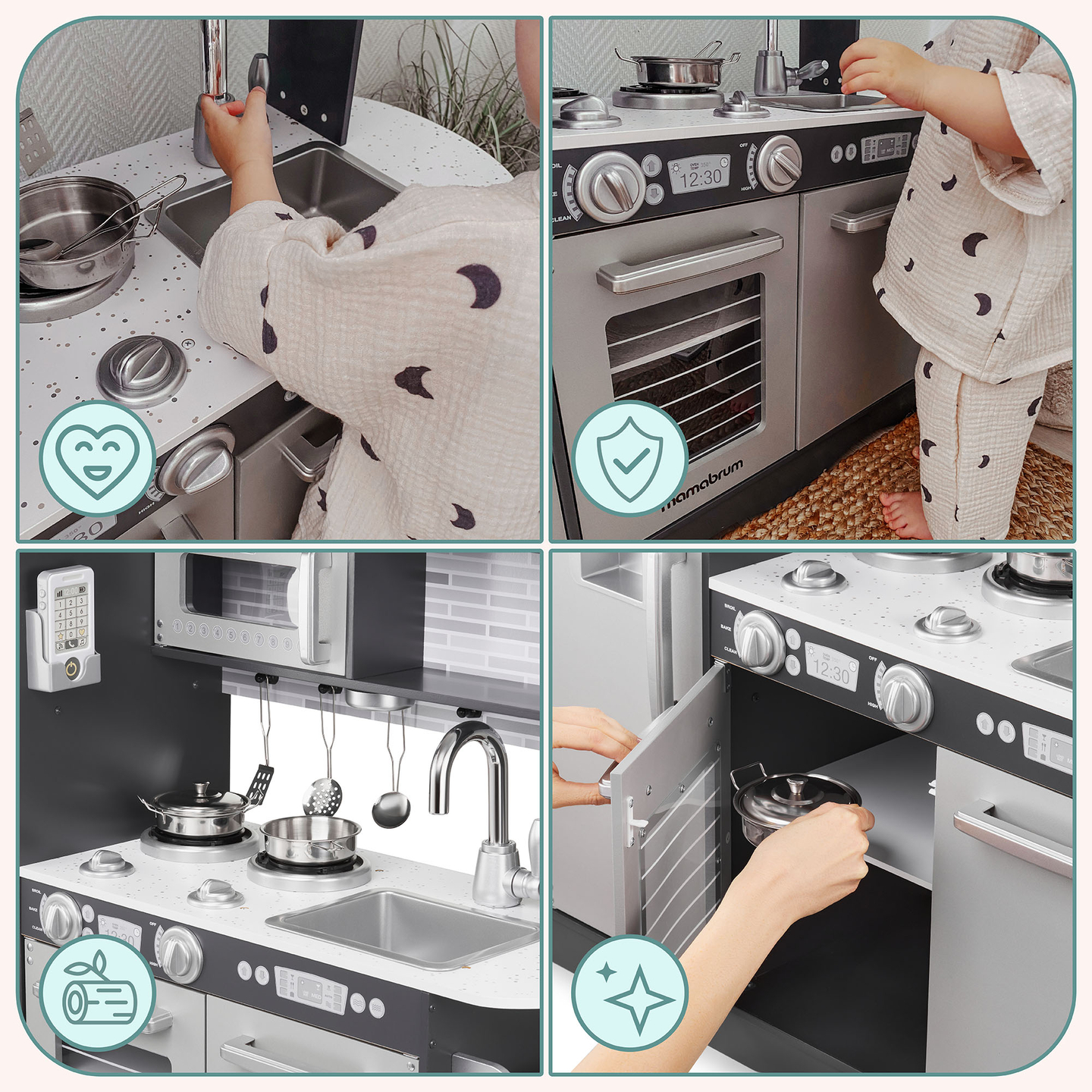 XXL lesena kuhinja z LED osvetlitvijo, predpasnikom in dodatki