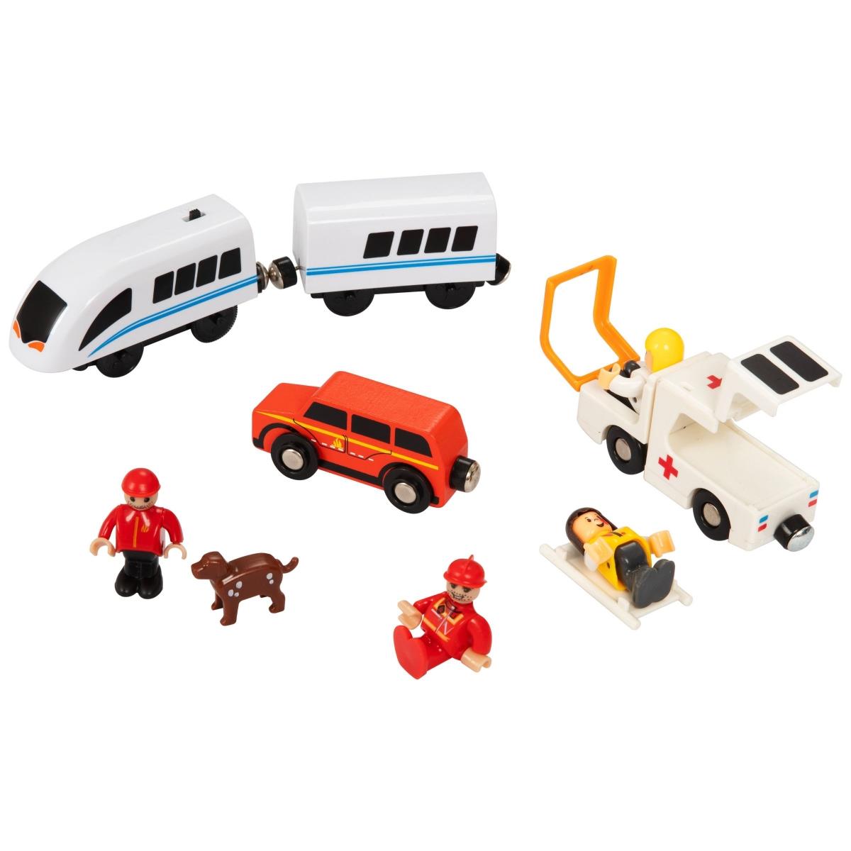 Leseni vlak, vlak na baterije - Gasilci, tiri, avtomobili, mostovi, pregrade